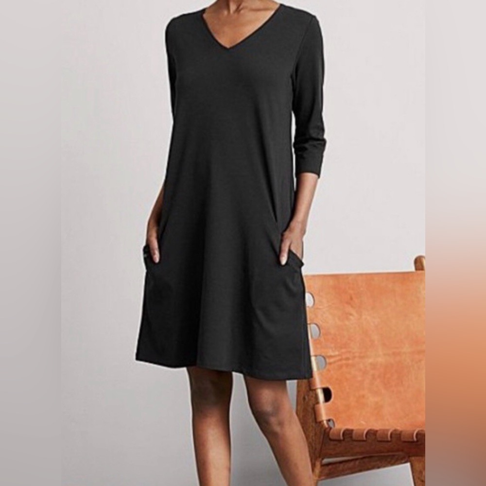 Eileen Fisher Black V‑Neck Organic Cotton Natural Fiber Midi Dress with Pockets